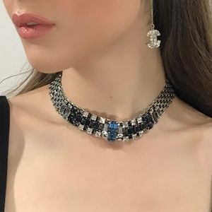 Lanvin Paris Blue Crystal Silver Necklace Choker with Silver-tone Chain